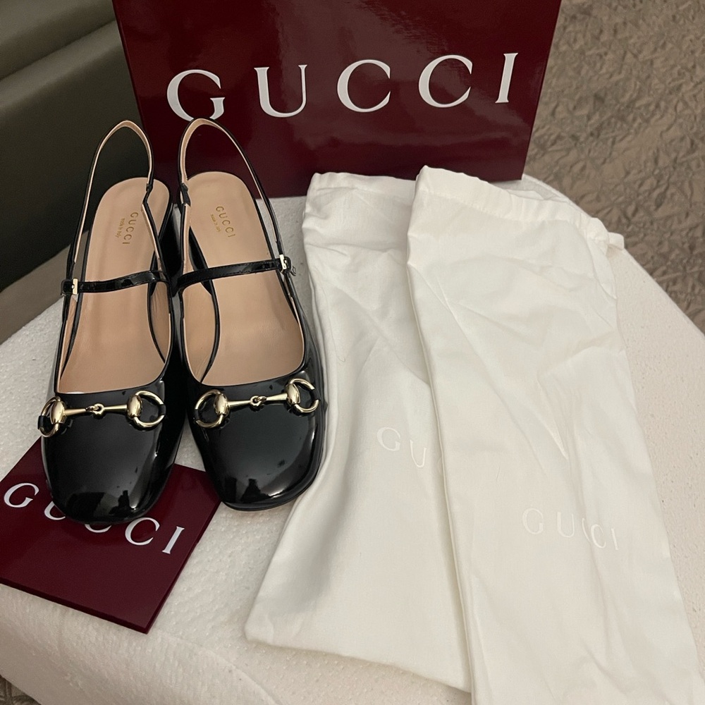 Gucci Black Patent Leather Horsebit Slingback Mary Jane Flats